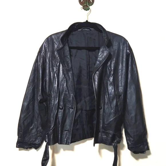 Vintage 80's St. Michael Black Cropped Leather Moto Bomber